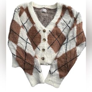 SO Brown and White Argyle Faux Fur Cropped Cardigan Sweater, Size M